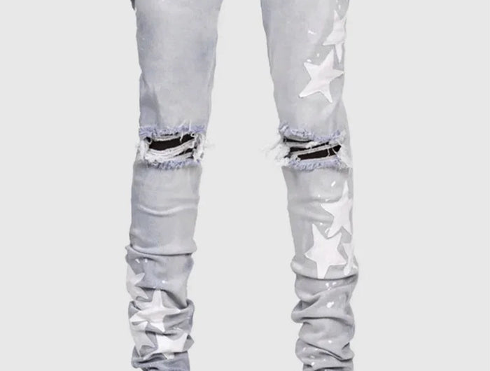 Vintage Star Print Stretch Punk Style Ripped Jeans Men's Streetwear Fashion Pocket Male Youth Daily Casual Denim Pencil Pants PlatiNum
