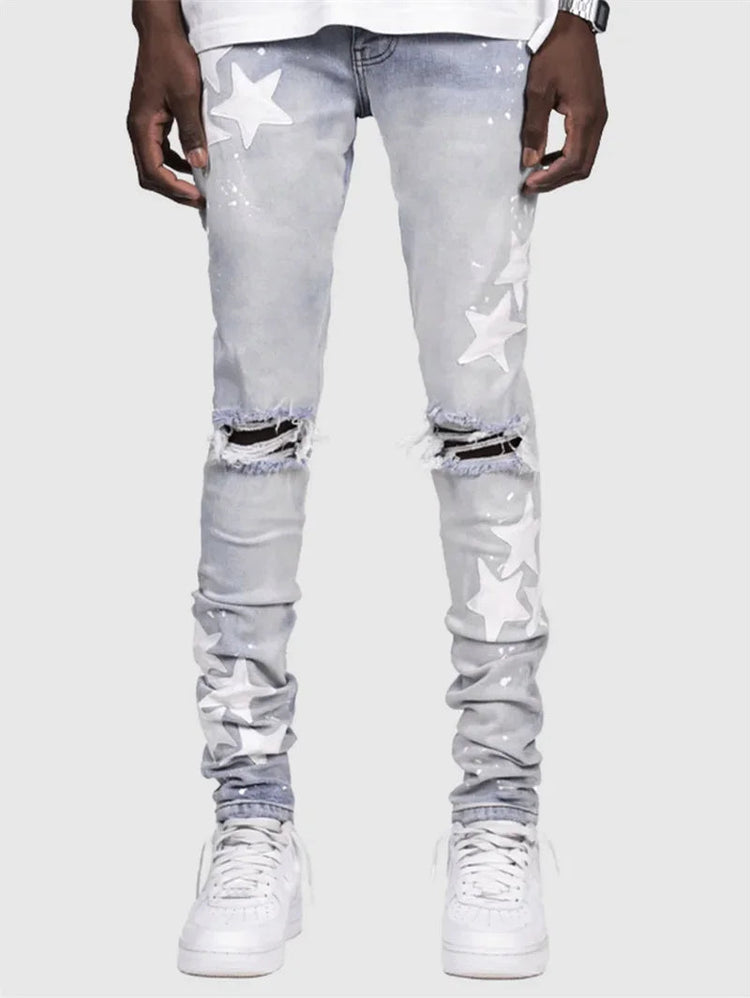 Vintage Star Print Stretch Punk Style Ripped Jeans Men's Streetwear Fashion Pocket Male Youth Daily Casual Denim Pencil Pants PlatiNum
