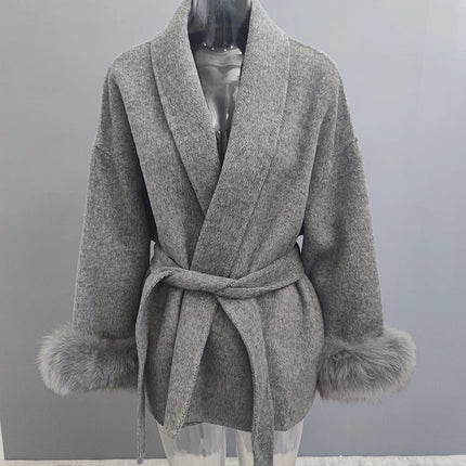 Elegant OL Office Lady Overcoats Fur Patchwork Long Sleeve Woolen Coat Beautiful Women's Clothing Jacket Autumn 2025 Spring