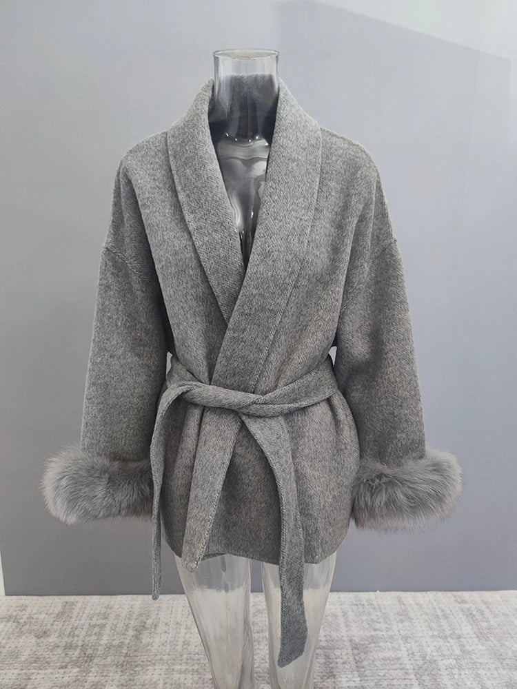 Elegant OL Office Lady Overcoats Fur Patchwork Long Sleeve Woolen Coat Beautiful Women's Clothing Jacket Autumn 2025 Spring