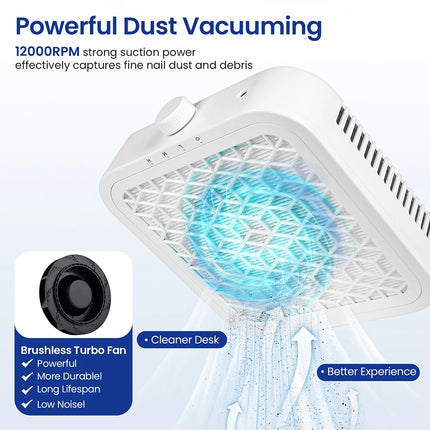 6000/9000/12000RPM Brushless Turbo Nail Dust Collector Low Noise 120W Nail Vacuum Extractor With 2 Filters Salon Manicure Machine