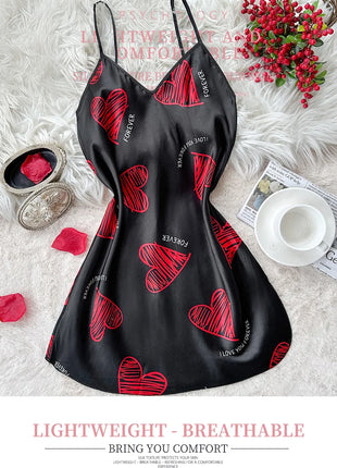 Camicia da notte sottoveste in raso con stampa labbra rosse per San Valentino, mini abito da notte senza schienale con scollo a V, abiti da notte da donna