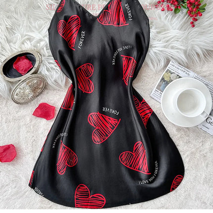 Camicia da notte sottoveste in raso con stampa labbra rosse per San Valentino, mini abito da notte senza schienale con scollo a V, abiti da notte da donna