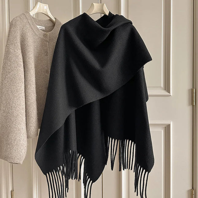 Women Split‑Open Woolen Tassel Poncho Shawl Thick Warm Cape Coat Autumn Winter Travel Photography Outer Wrap