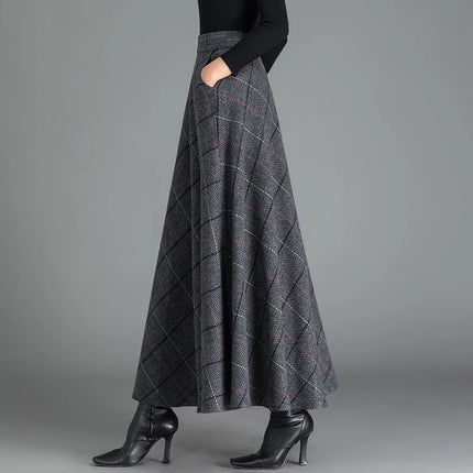 New Women Woolen Plaid Skirt Autumn Winter Fashion Elastic High Waist A-Line Wool Blended Long Skirt Simplicity Vintage Skirt PlatiNum