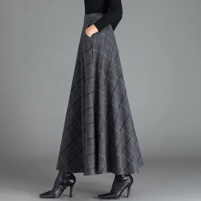 New Women Woolen Plaid Skirt Autumn Winter Fashion Elastic High Waist A-Line Wool Blended Long Skirt Simplicity Vintage Skirt PlatiNum