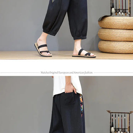 Pantaloncini estivi da uomo Pantaloni casual traspiranti in cotone Pantaloni larghi tradizionali retrò streetwear al polpaccio Pantaloncini comodi da uomo