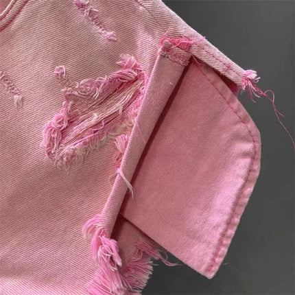 New style ripped denim shorts with frayed washed pockets and wide legs