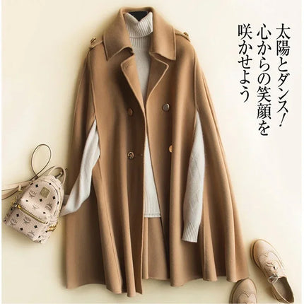 Women's Capes & Ponchos overcoat autumn medium length bat Hepburn style double sided 100% wool coat woolen shawl cappa size S M