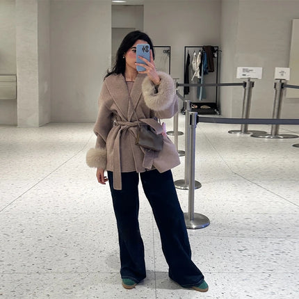 Elegant Women's Lace Up Woolen Coats Solid Full Sleeve Turn-down Collar Loose Lady Coats 2026 Autumn Winter Female Streetwear