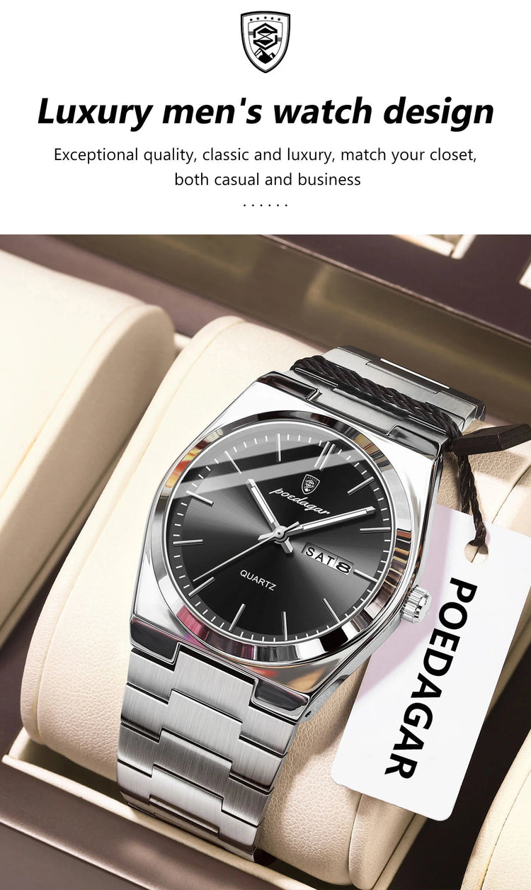 POEDAGAR Orologio da polso al quarzo da uomo di lusso Impermeabile luminoso Data Settimana Orologio da uomo Orologi da uomo d'affari in acciaio inossidabile platinumshop
