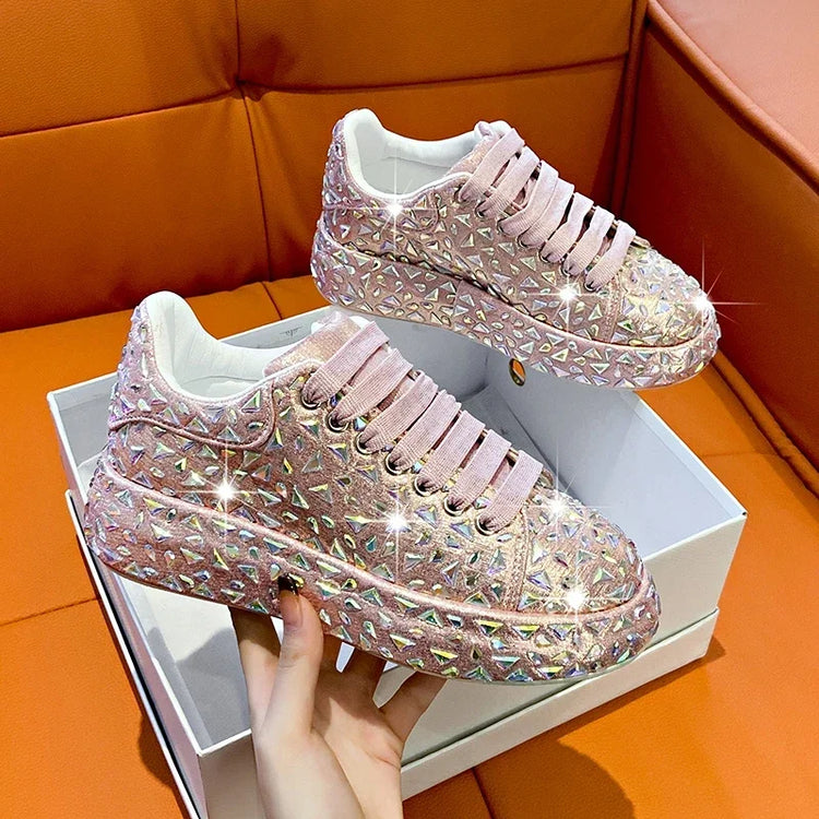 2025 Autumn Leather Women Shoes New Style Fashion Platform Shoes Ins Platforms Sneakers Tide Shine Bling Rhinestone Shoes