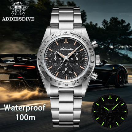 ADDIESDIVE Watch New 37mm Chronograph Men Quartz Wristwatch Domed Glass 316L Stainless Steel 100m Waterproof C3 Luminous AD2552