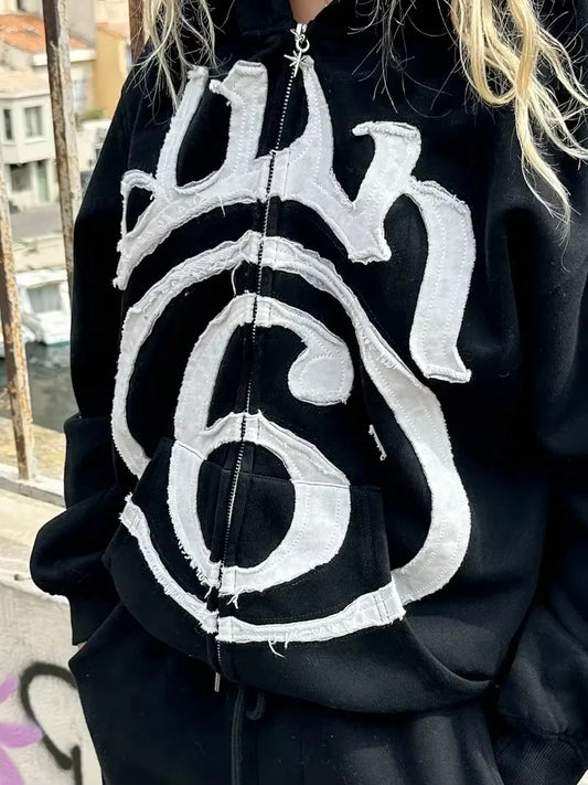 American Y2K Hip Hop Letter Patch Zipper Hoodie Women Street Casual Loose Fleece Thick Sweatshirt Unisex Punk Rock Joker Hoodie
