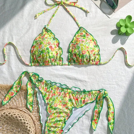 Nuovo Set Bikini Donna Estivo con Stampa Floreale Arancione, Halter con Volant, Push-Up e Perizoma con Laccetti Laterali PlatiNum