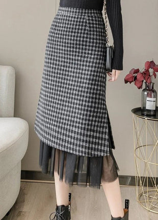 Woolen plaid skirt autumn and winter 2025 new plaid foreign style small man a word hip wrap medium and long skirt PlatiNum