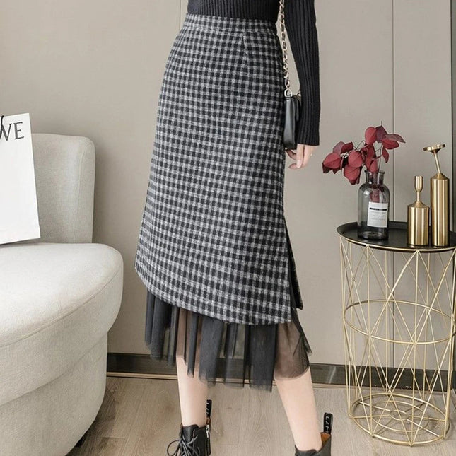 Woolen plaid skirt autumn and winter 2025 new plaid foreign style small man a word hip wrap medium and long skirt PlatiNum