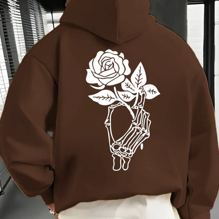 Gothic Skeleton Hand Holding Rose Large Back Print Hoodie Pullover Unisex Loose Fleece Lined Autumn Winter