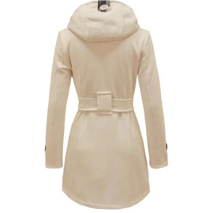2026 Autumn Women's Hooded Overcoat Trend Double-Breasted Design Belt Side Pockets Plaid Splice Woolen Coats Winter Jacket Femme