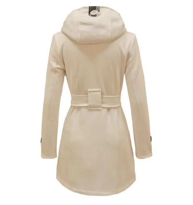 2026 Autumn Women's Hooded Overcoat Trend Double-Breasted Design Belt Side Pockets Plaid Splice Woolen Coats Winter Jacket Femme