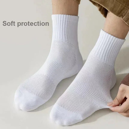 10 paires de chaussettes HLHYX pour homme en coton déodorant, à fond en éponge, mi-mollet, blanches, épaissies, pour le sport et le basket-ball