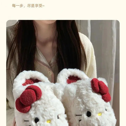 San-Rio Cute Girls Plush Slippers Cartoon Hello Kitty Winter Women Warm Cotton Shoes Female Kawaii Home Thick Sole Shoes Outdoor