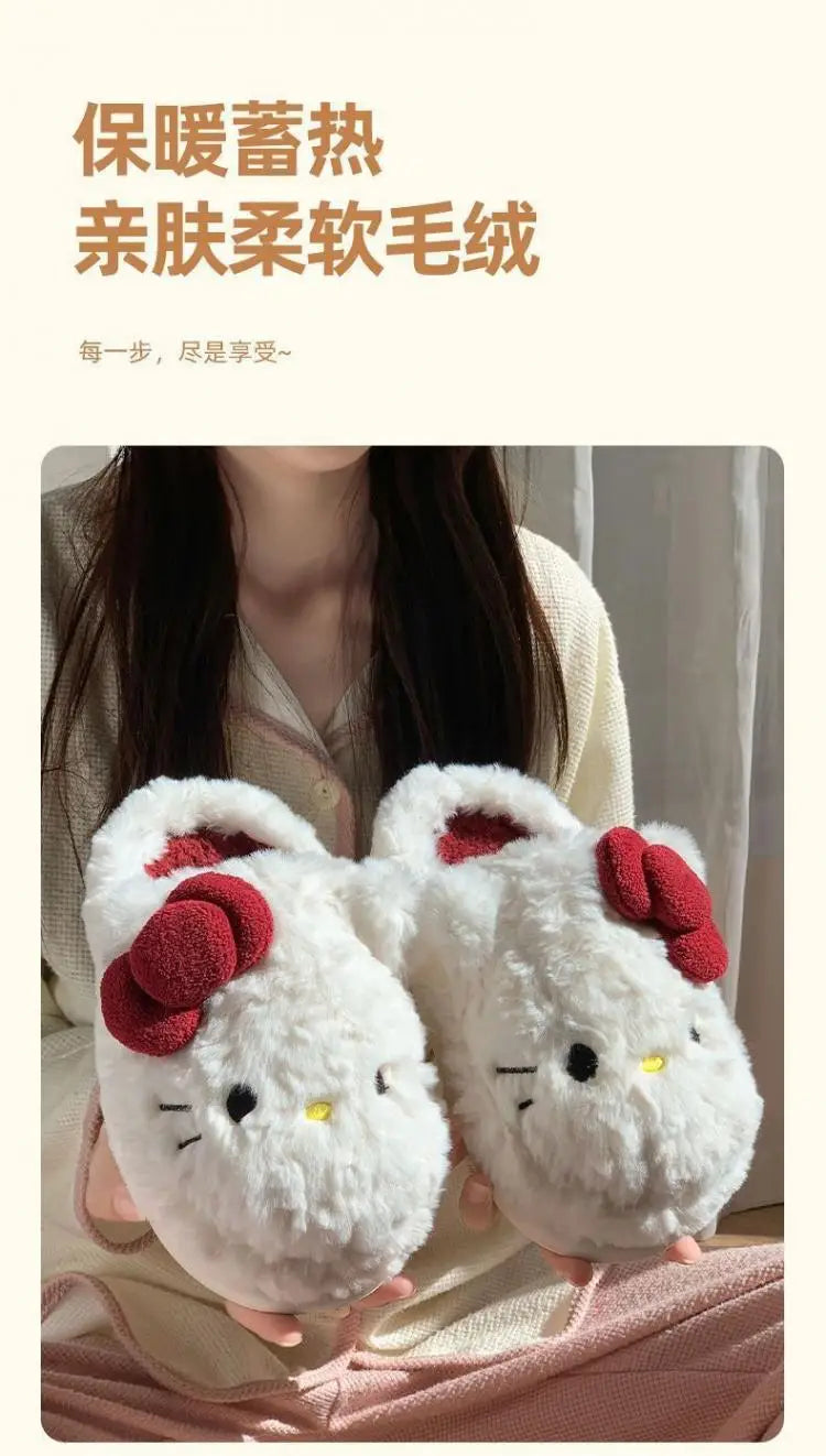 San-Rio Cute Girls Plush Slippers Cartoon Hello Kitty Winter Women Warm Cotton Shoes Female Kawaii Home Thick Sole Shoes Outdoor