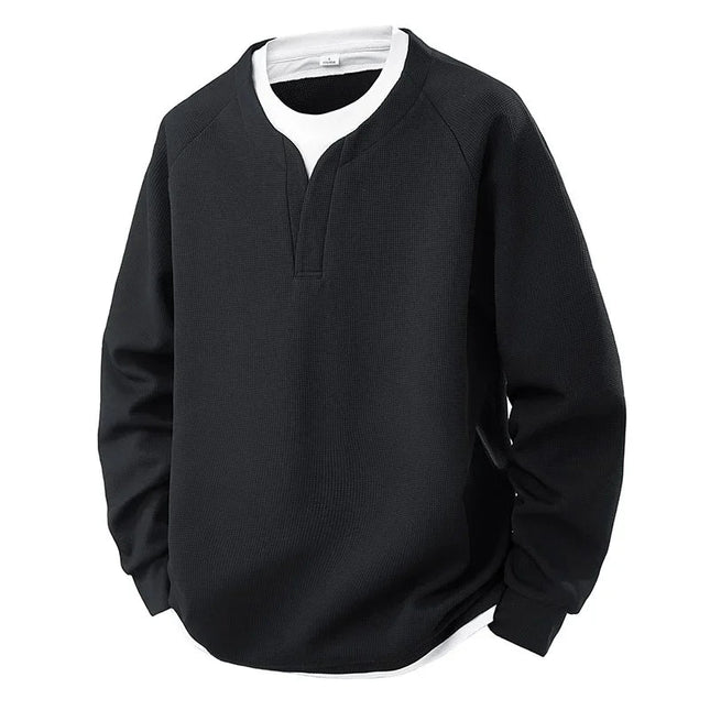 Spring and Autumn New Men Henley neck T Shirt Long Sleeve Casual  Solid color T-Shirt Fashion Waffle Fake two-piece Sweatshirts PlatiNum
