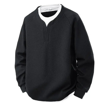 Spring and Autumn New Men Henley neck T Shirt Long Sleeve Casual  Solid color T-Shirt Fashion Waffle Fake two-piece Sweatshirts PlatiNum