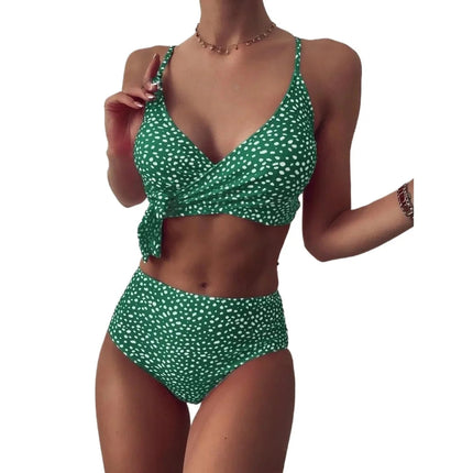 Costume da bagno bikini da donna verde a pois a vita alta brasiliano push-up con lacci e bendaggio, nuovo modello 2026, per la spiaggia PlatiNum
