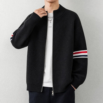 High End Men's Knitted Cardigan Autumn Winter Round Neck Zipper Casual Luxury Brand Classic Trendy Striped Korean Simple Sweater