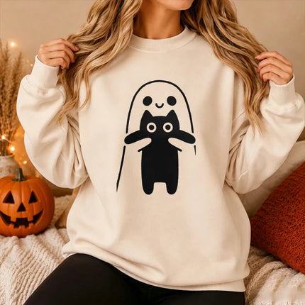 Cute Ghost Hugging Cat Funny Simple White Line Graphic Print Pullover Long Sleeve Casual Loose Streetwear Fashion Sweatshirts