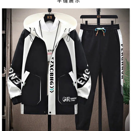 Spring Autumn Casual Men Sets Jacket + Pants Two Pieces Fashion Korean Trend Hooded Baseball Uniform Suit Man Outfit
