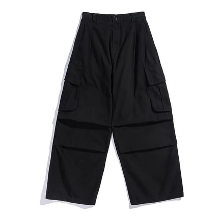 Multi-Pocket Cargo Pants Mens Safari Style Solid Color Pleated Loose Straight-leg Pants Elastic Waist Casual Trousers Men