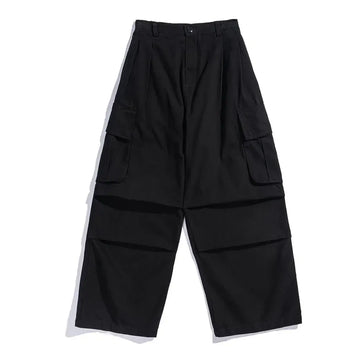Multi-Pocket Cargo Pants Mens Safari Style Solid Color Pleated Loose Straight-leg Pants Elastic Waist Casual Trousers Men