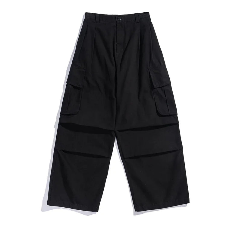 Multi-Pocket Cargo Pants Mens Safari Style Solid Color Pleated Loose Straight-leg Pants Elastic Waist Casual Trousers Men