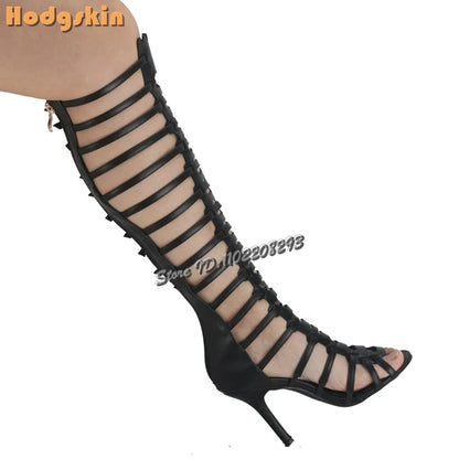 Retro Buckle Strap Roman Sandals Open Toe Back Zip Stiletto Knee-high Summer Boots 2026 New Fashion High Heeled Women Shoes