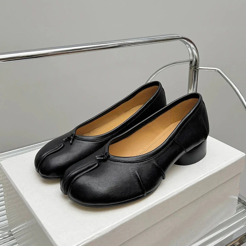 Roundtoe midheel shoes Womens Genuine leather High heels Sheepskin Pleated Tibi splittoe shoes Women Mary Jane shoes Designer