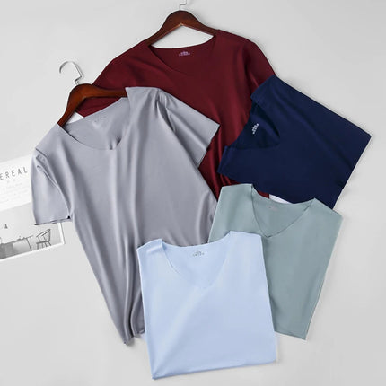 2025 Men's Thin Short Sleeve Ice Silk Without Summer Solid Color T Shirt Trace Slim V-neck Bottoming Seamless Short Sleeve PlatiNum