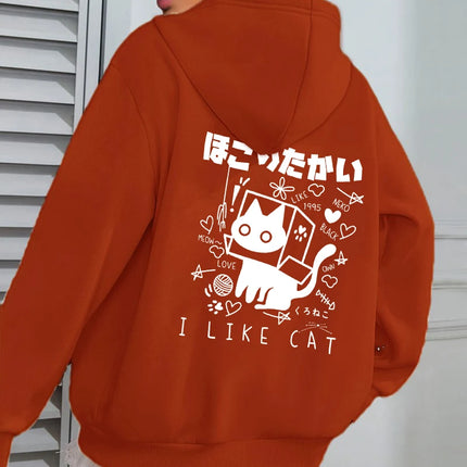 I Like Cat Heart Box Cat Print Women Hoody Autumn Fleece Hoodies Jogging Loose Streetwear Casual All-Match Female Hoodie