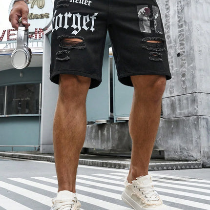 Pantaloncini di jeans elasticizzati estivi da uomo Jeans da uomo Streetwear Lettera strappata al ginocchio Baggy Comfort Cargo Pantaloncini casual Pantaloni Jean