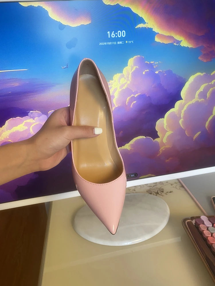 Tacchi altissimi personalizzati multicolori da 12 cm, pelle verniciata bianca nuda, suola rossa sexy, scarpe sottili a punta per ordine singolo platinumshop