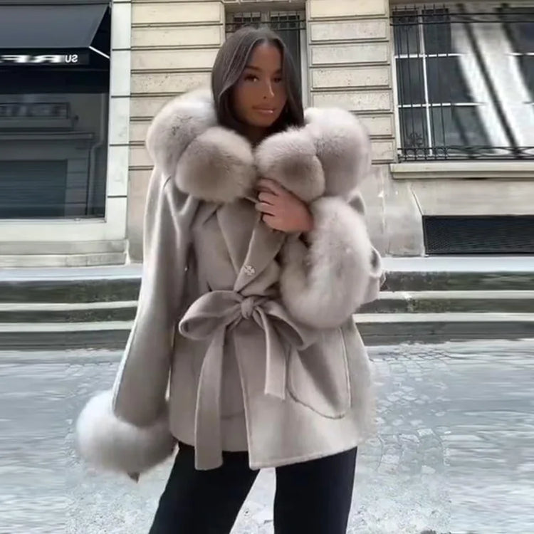 Cotton Lined Furry Fur Collar Belts Jacket Women Fashion Long Sleeve Thicken Warm Female Coat 2025 Winter Street Casual Outwear