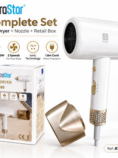 ExtraStar AT-2285 Ionic Hair Dryer 1600W-2000W 220-240V 2 Speed Hair Blower with Concentrator Nozzle 1.8m Cord
