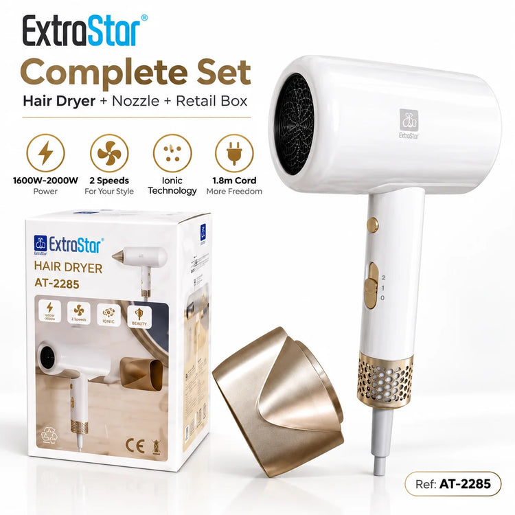 ExtraStar AT-2285 Ionic Hair Dryer 1600W-2000W 220-240V 2 Speed Hair Blower with Concentrator Nozzle 1.8m Cord