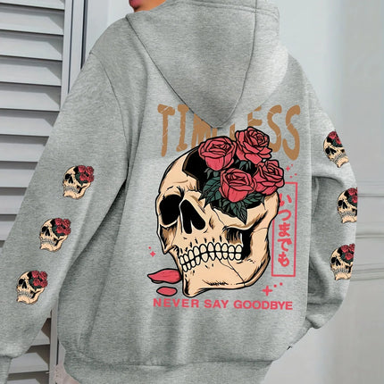 Plus Rose and Skull Pattern - Hoodie - Soft Casual Long Sleeve Pocket, Comfortable Women's Plus Size Daily Wear Clothing