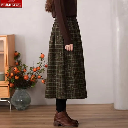 Art Mori Girls Woolen Skirts New 2025 Autumn Winter Basics Woman Cute Sweet Japanese Preppy Style Retro Vintage Long Plaid Skirt PlatiNum