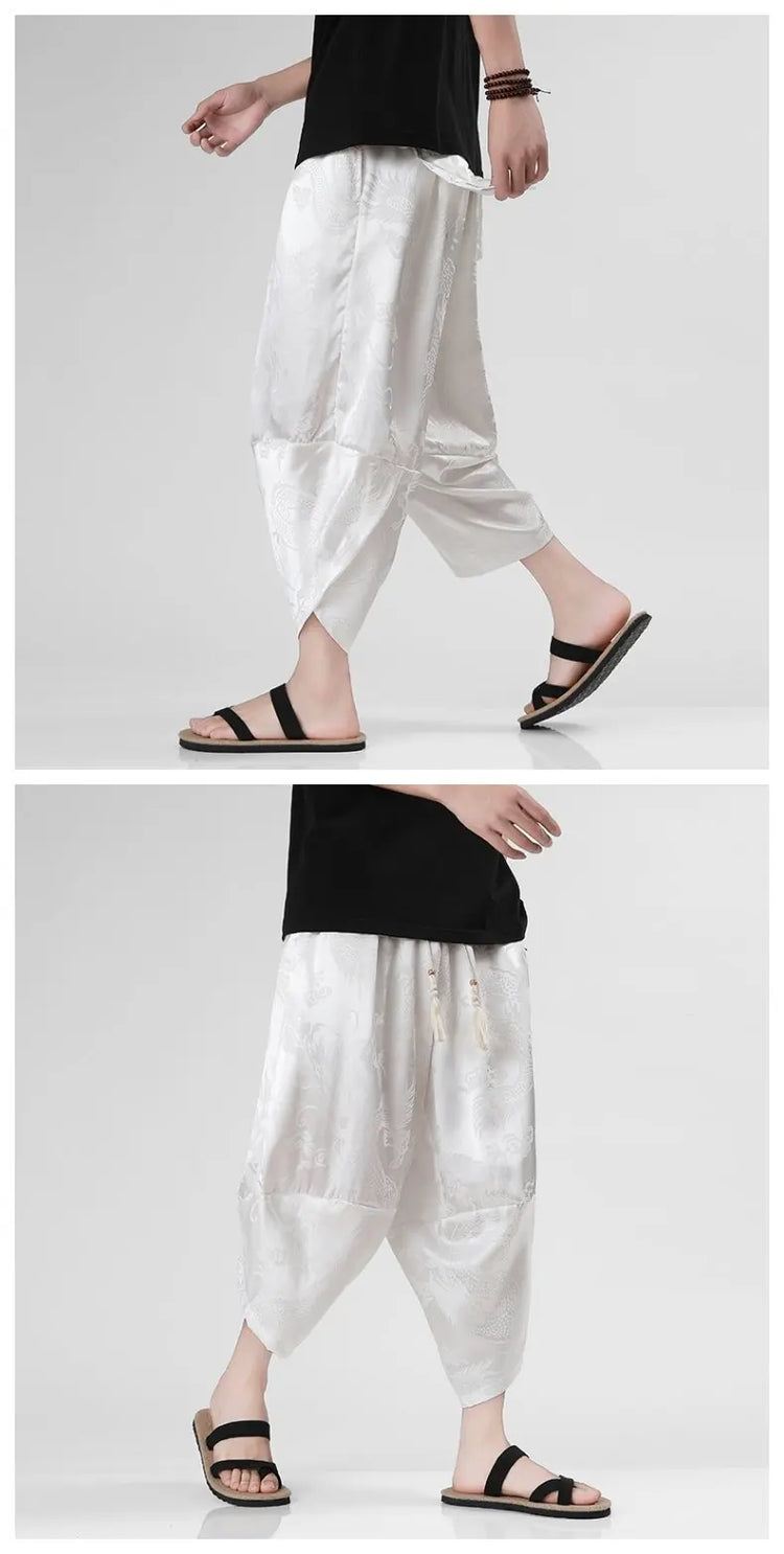 Pantaloncini in Seta Ghiaccio da Uomo, Stile Cinese, Estivi, Comodi, Pantaloni Harem Vintage Traspiranti, Tinta Unita, Lunghezza al Polpaccio