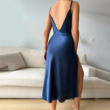 Sexy Camicia da Notte in Seta Satinata con Collo Drappeggiato e Schiena Scoperta per Donna