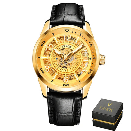SKROX Original Gold Skeleton Automatic Movement Men's Watch Mechanical Waterproof Male Wrist Watches Leather Strap Luxury Clock